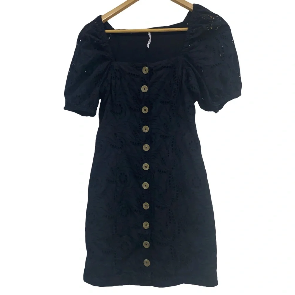 Free People Daniella‎ Black Puff Sleeve cotton Mini Dress